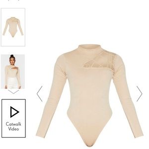 PrettyLittleThing Nude Cut Out Detail Crepe Bodysuit, Size M